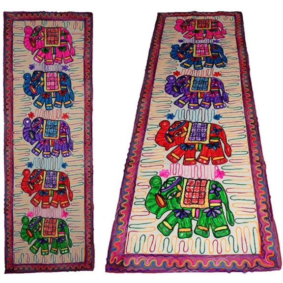 Indian Elephant Embroidery Tapestry – Boho Indian Table Runner or Wall Hanging Home Decor