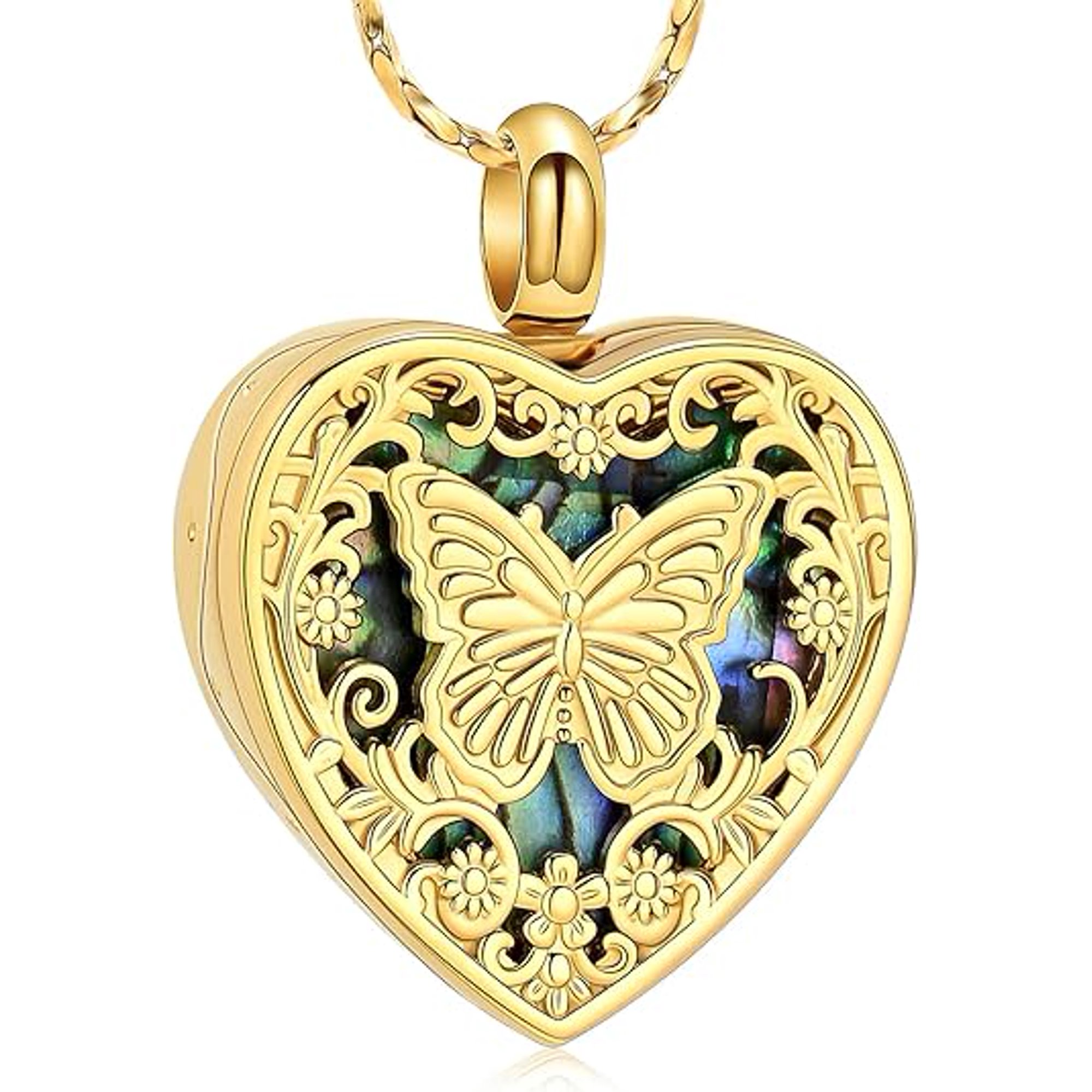 Butterfly Heart Urn Necklace for Ashes Abalone Stone Heart Memorial Pendant Funeral Keepsake Loved Ones for Women Ashes Cremation Jewelry for Women
