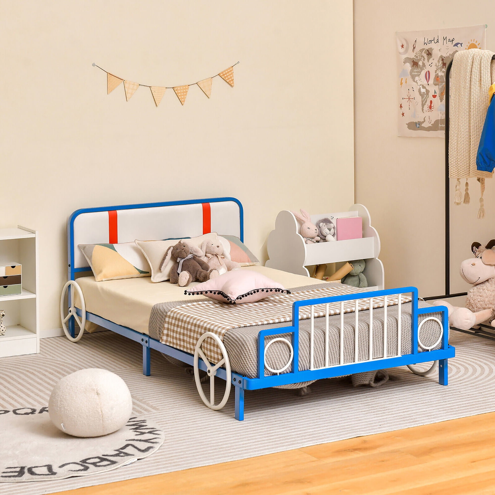 Gymax Twin Size Kids Bed Frame Car Shaped Metal Platform Bed w Upholstered Headboard