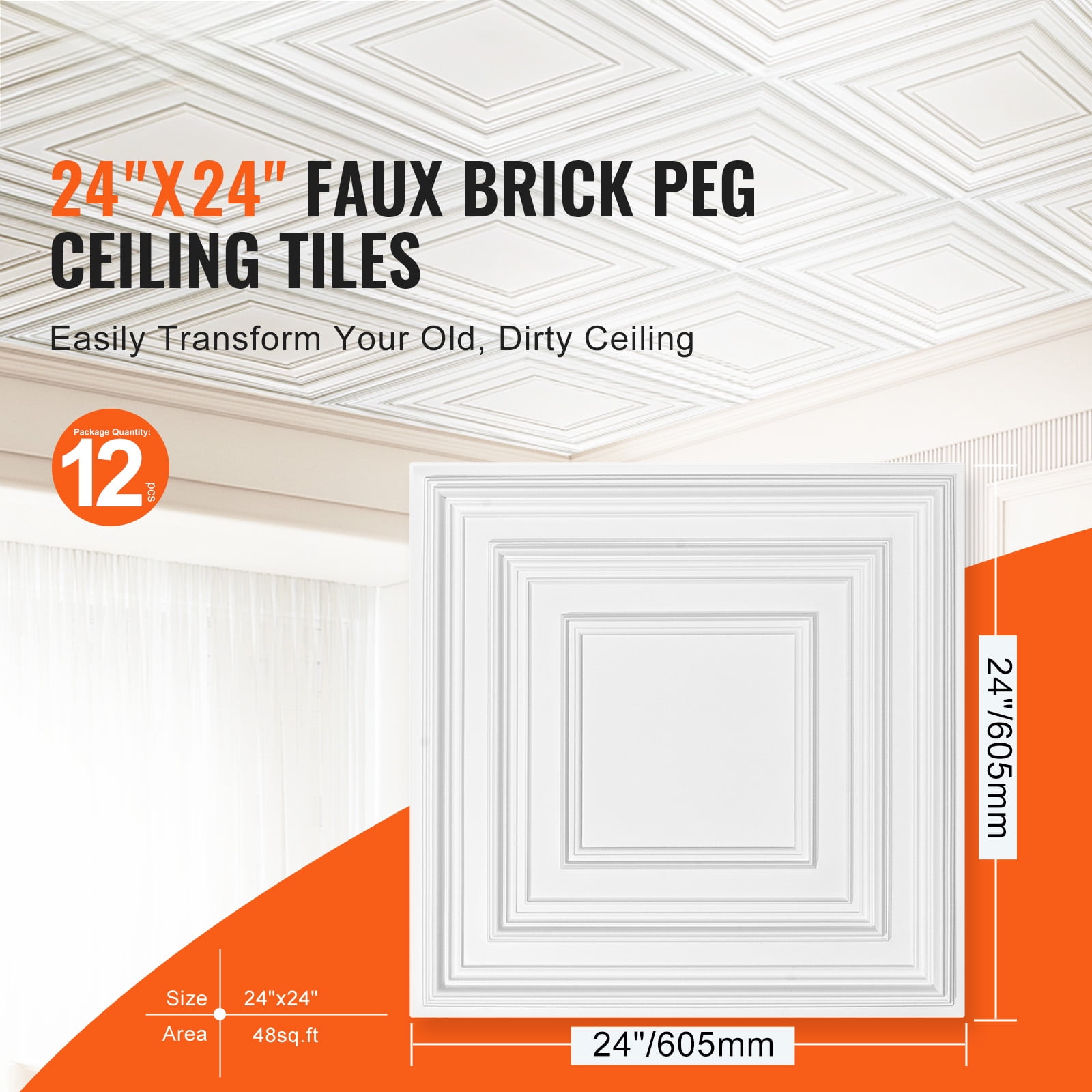 KFFKFF Drop-In Ceiling Panels, Bundle of 12, 24x24 inch, Premium PVC, Simple Setup/Cut, Adhesive Ceiling Tiles for Decor in Home or Office, White Peg Design