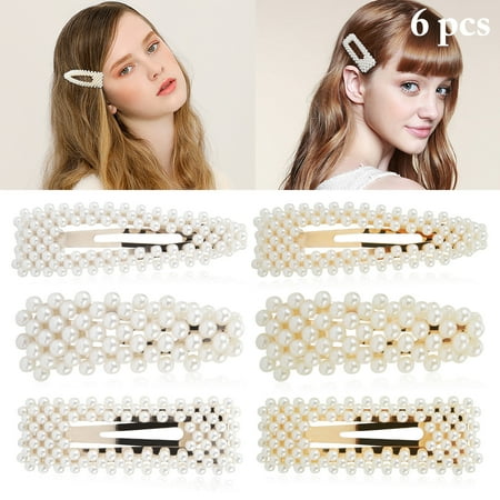 Vintage Pearl Snap 6PCS Pearl Hair Clips for Women Girls, Sweet Vintage Artificial Pearl Alligator Barrettes Bobby Pins Snap Bows Bridal Weeding Headwear Accessories ()
