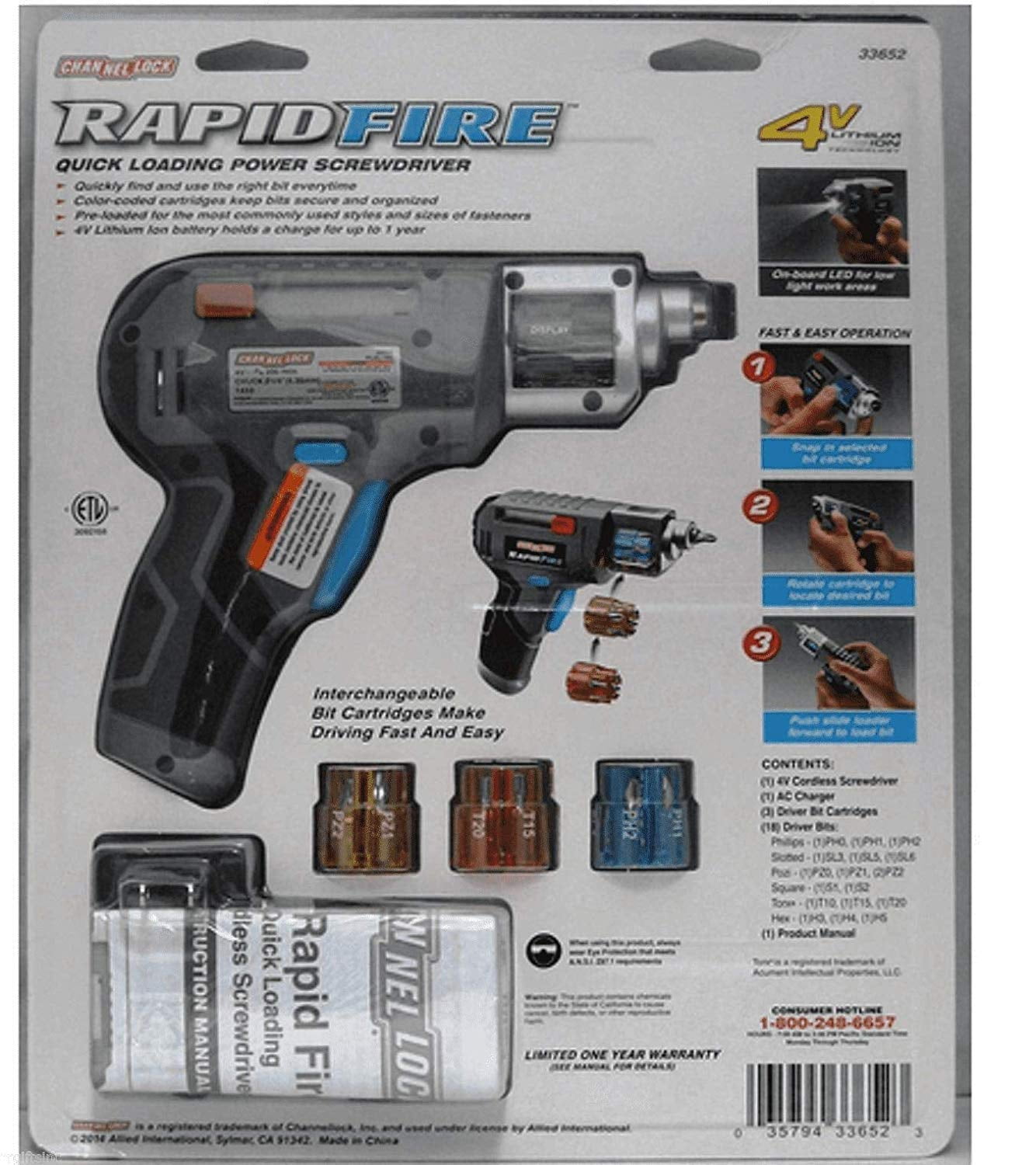 Channel Lock Rapid Fire Power Screwdriver Quick Loading 3 Pre Loaded Cartridges