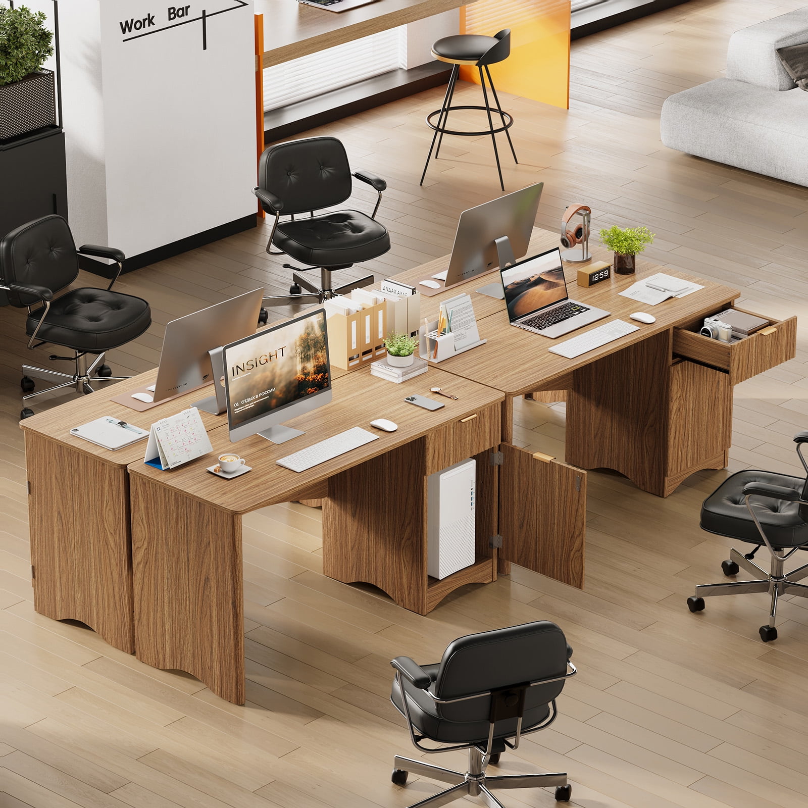 Bestier 47" Computer Desk with Drawer, Modern Home Office Desk with Storage Cabinet, Fluted PC Study Writing Desk for Small Spaces, Brown Oak
