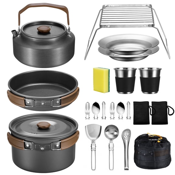 Coliware 25Pcs Portable Camping Cookware Set, Non-Stick Lightweight Pot Pan Kettle Set with Stainless Steel Plates Cups Utensils Carry Bag, Cookware Mess Kit for Backpacking, Hiking, Picnic & Outdoor