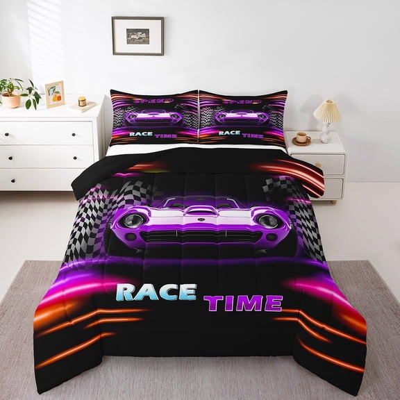 Erosebridal Purple Car Bedding Twin Comforter Set,Extreme Sport Down Comforter,Geometric Buffalo Bedding Sets Twin with Comforter,Breathable Automobile Room Decor,Reversible,3pcs