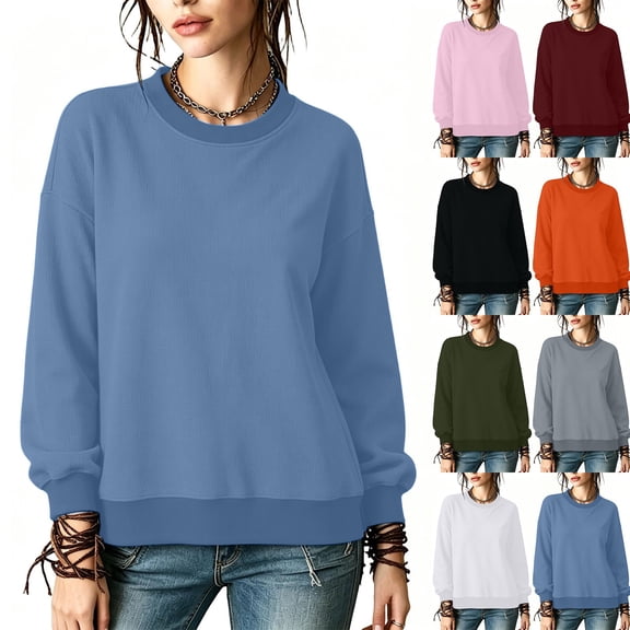 AKOEE Sweatshirts for Women Waffle Knit Crewneck Pullovers Solid Casual Loose Long Sleeve Fall Winter Tops (XL, Blue)