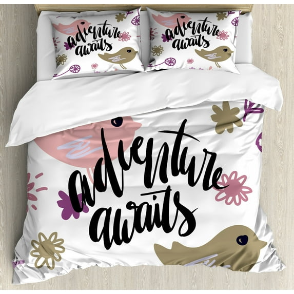 Adventure Awaits Duvet Cover Set Queen Size, Colorful Pattern with Sketchy Birds Flowers Plants and Calligraphy, Decorative 3 Piece Bedding Set with 2 Pillow Shams, Multicolor, by Ambesonne