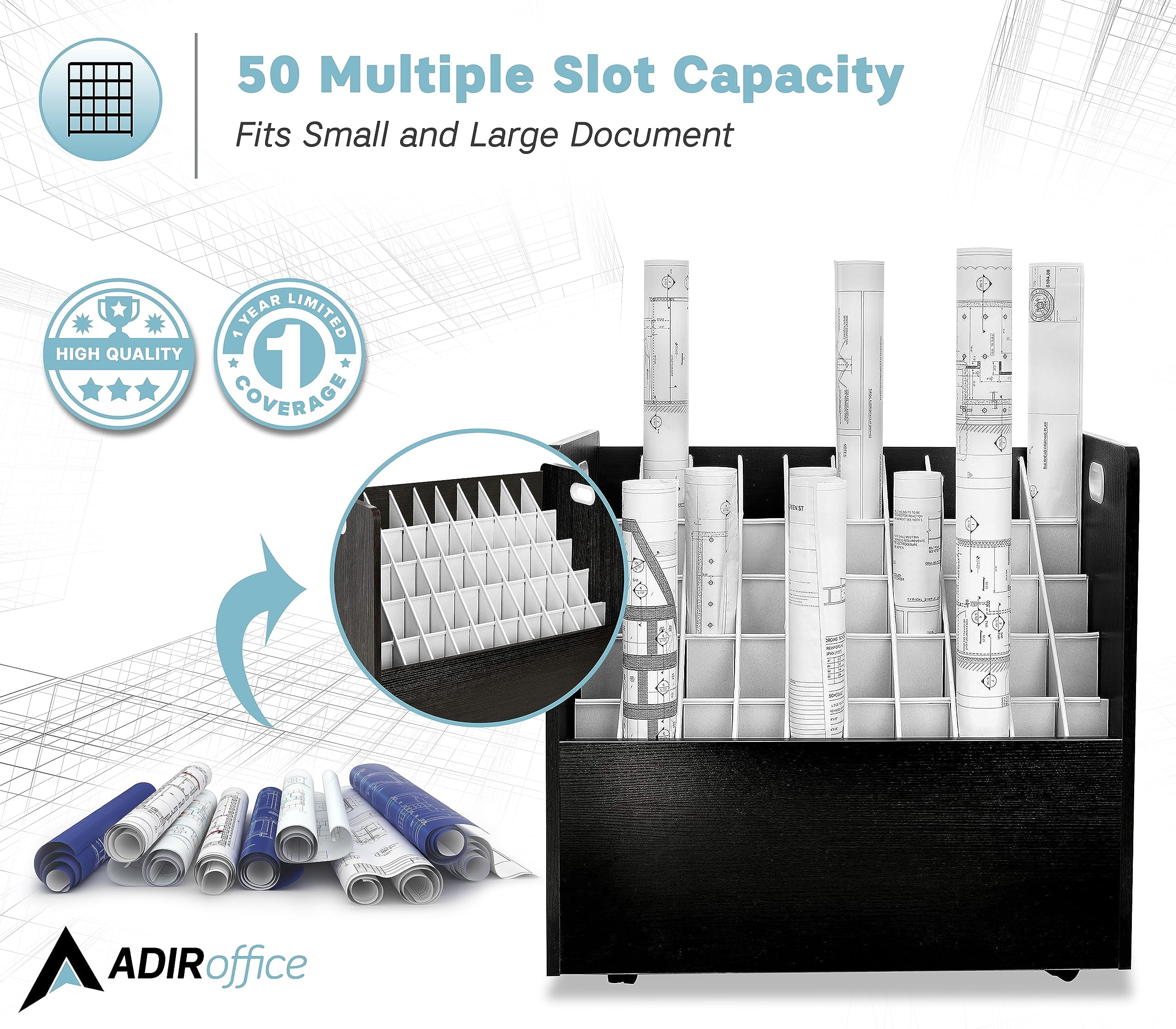 AdirOffice Blue Print Storage Organizer- Mobile Roll File Cart, Construction Plan Holders, Blueprint Cabinet with Wheels (50 Slots, Black)