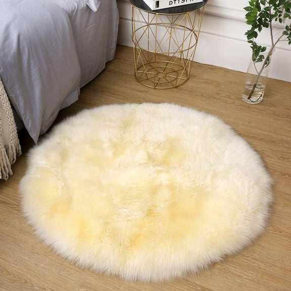 Soft Fur Area Rug Round Diameter 2.2ft Beige Yellow Shaggy Rugs Plush Circle Floor Mat for Living Room Fluffy Mats Nursery Bedroom