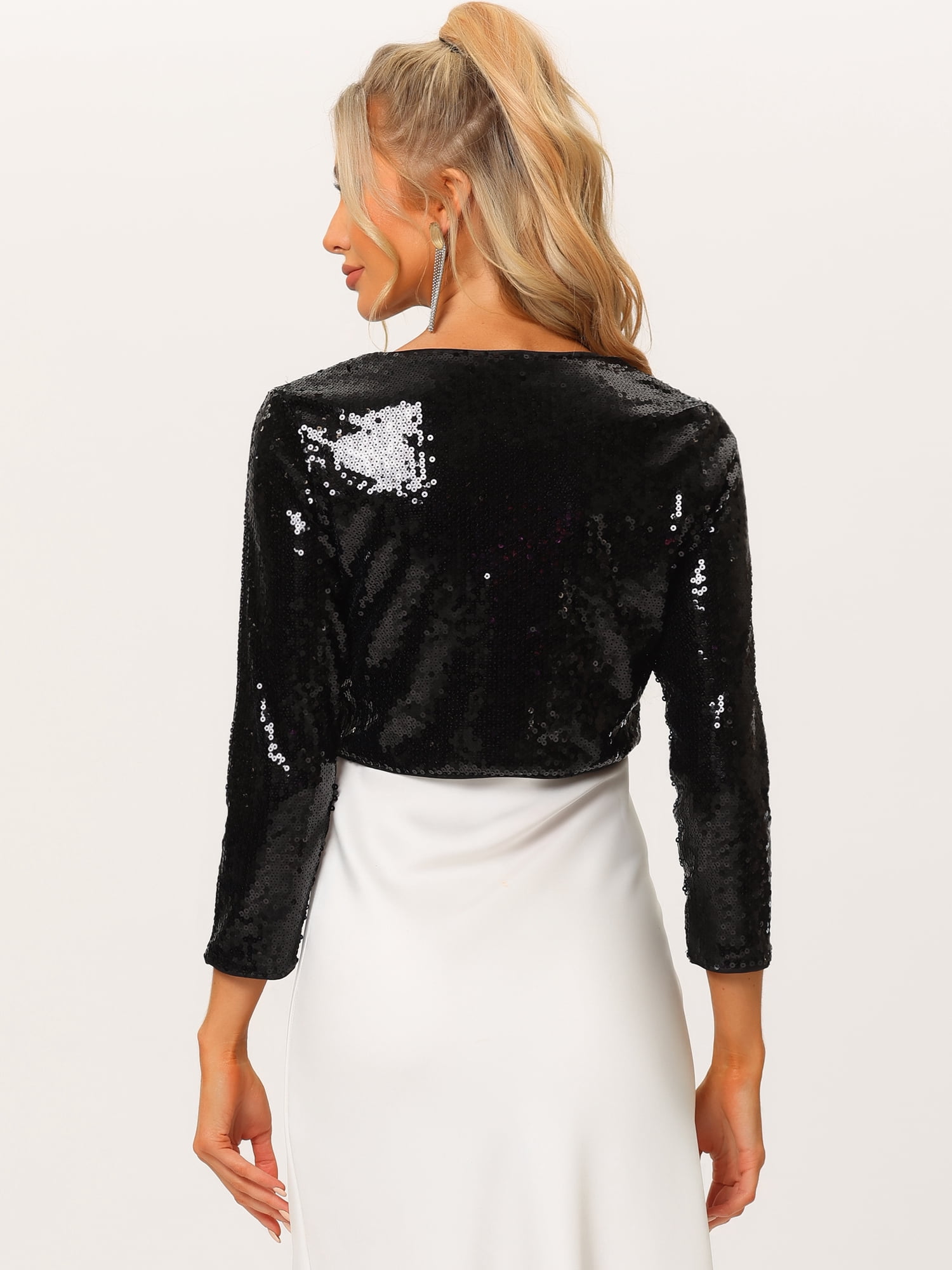 DARING DIVA Women's Sequin Jacket Party 3/4 Sleeve Open Front Crop Bolero Shrug L Black