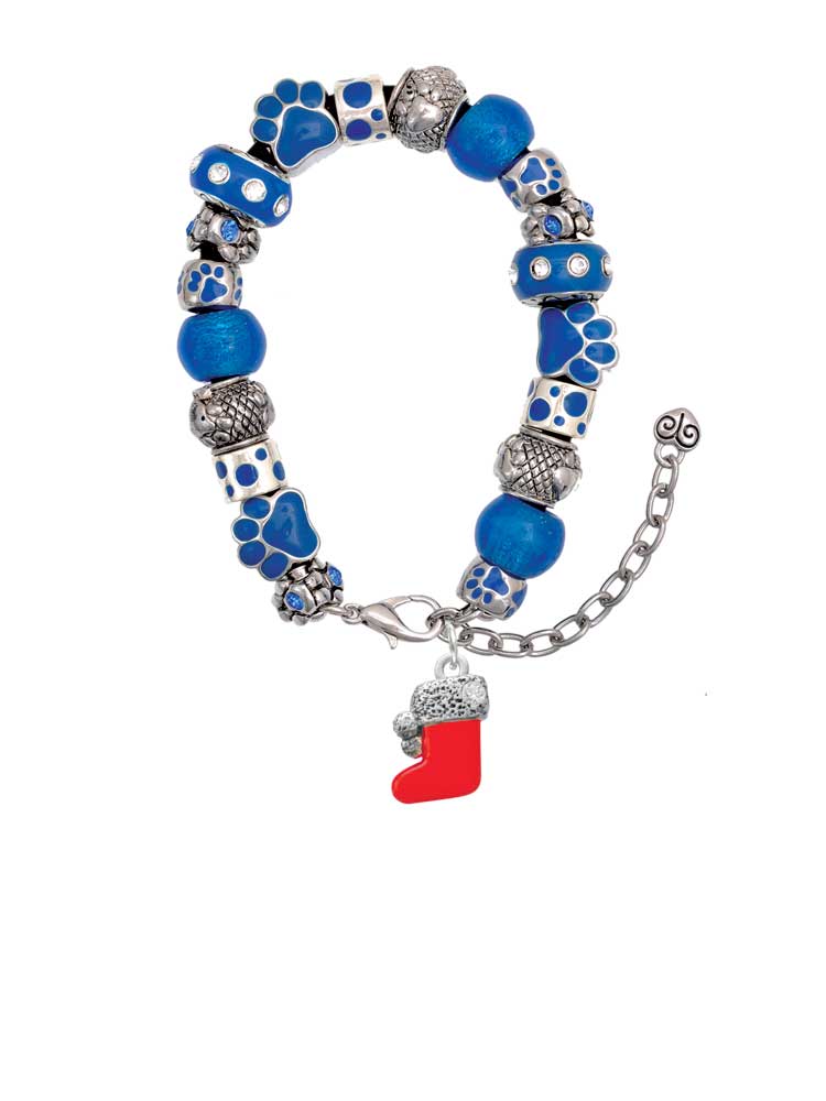 Delight Jewelry Silvertone 3-D Red Christmas Stocking Blue Paw Print Bead Bracelet, 7"+2"