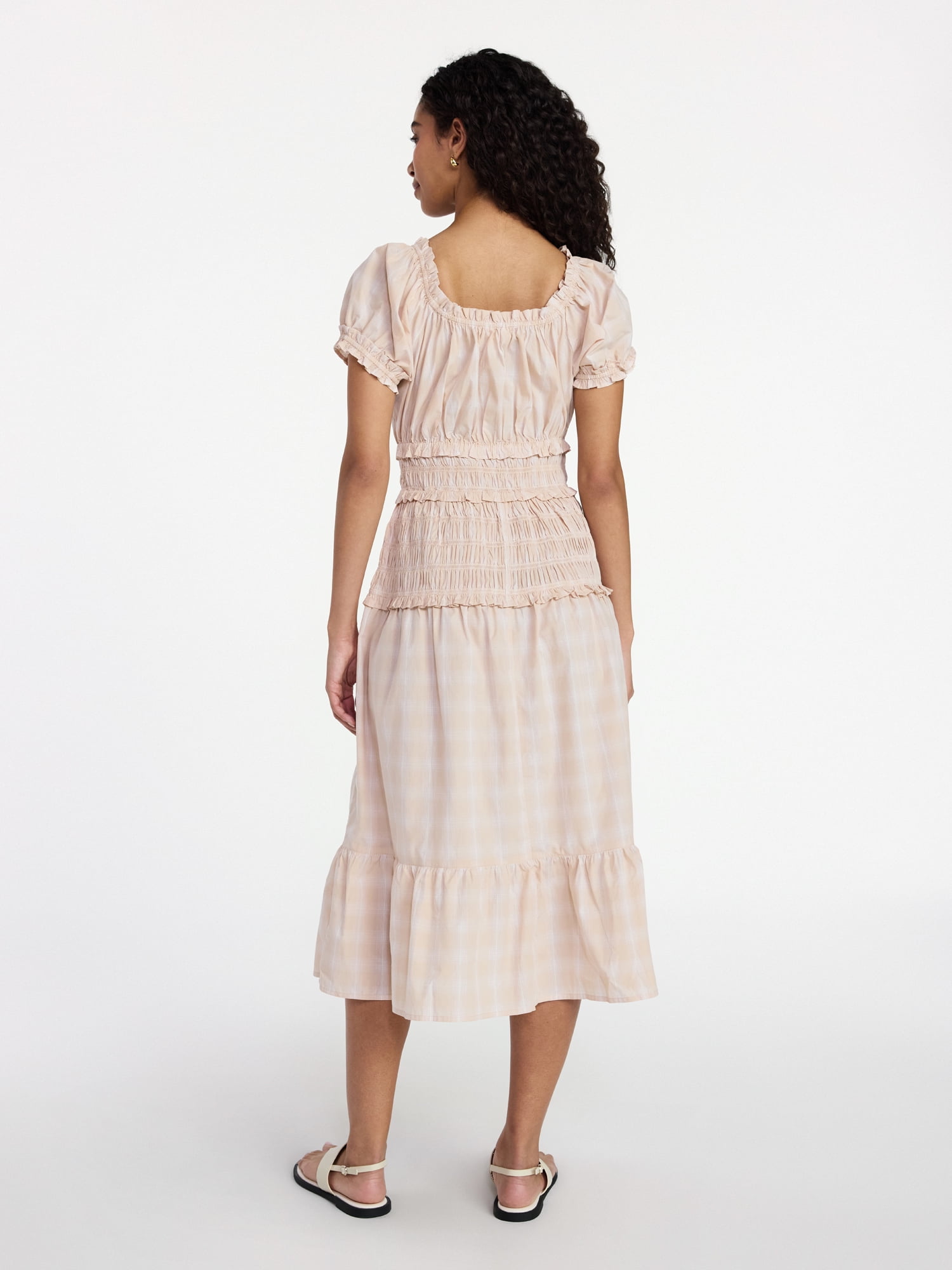 Time and Tru Women's Smocked Cotton Peasant Dress with Short Sleeves, Sizes XS-XXXL