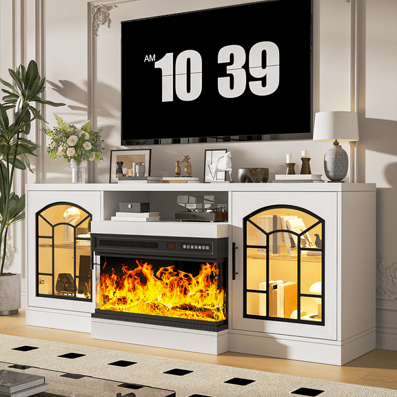 60 Inch Fireplace TV Stand for TVs up to 70", Rustic Media Entertainment Center Console Table with Glass Door Closed Storage, 3-Sided Glass Fireplace