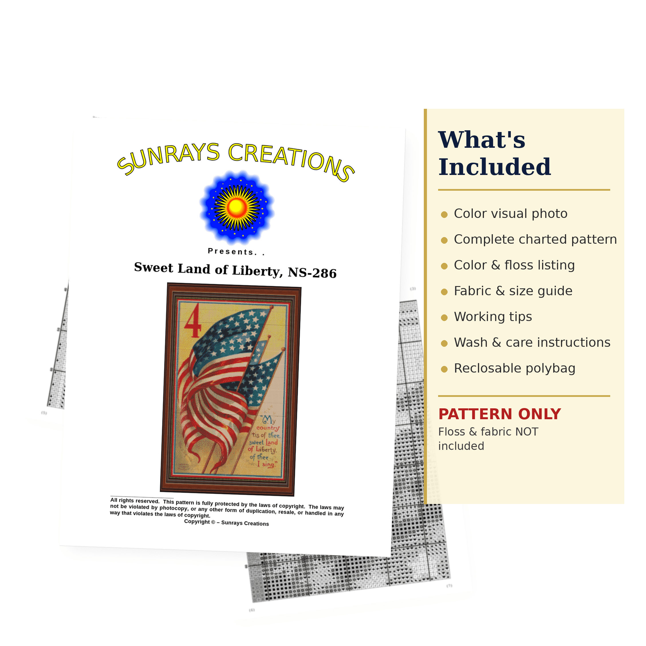 Sunrays Creations Sweet Land of Liberty Stars and Stripes Patriotic American Flag Counted Cross Stitch Pattern, 1 Piece