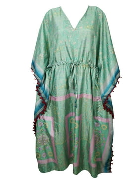 Mogul Green Maxi Long Caftan Printed Pom Pom Tassel V Neck Silk Blend Beach Cover Up Sleepwear Wedding Kaftan Dress 4X