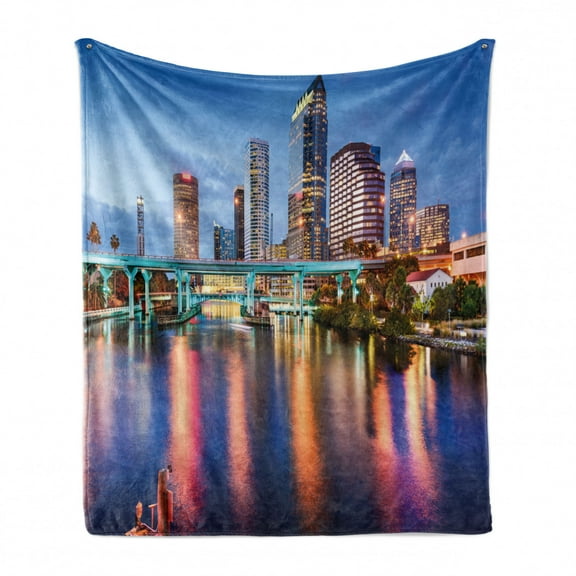 City Soft Flannel Fleece Throw Blanket, Hillsborough River Tampa Florida USA Downtown Idyllic Evening at Business District, Cozy Plush for Indoor and Outdoor Use, 60" x 80", Multicolor, by Ambesonne