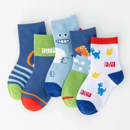 

5pairs Boys And Girls Cute Dinosaur Pattern Cotton Crew Socks Kids Socks