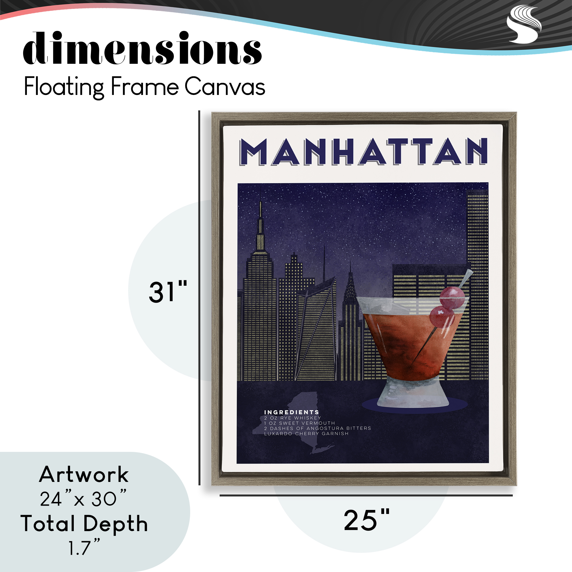 Retro Manhattan Cocktail Cityscape Brown Framed Floater Canvas Wall Art, design by Brett Blumenthal