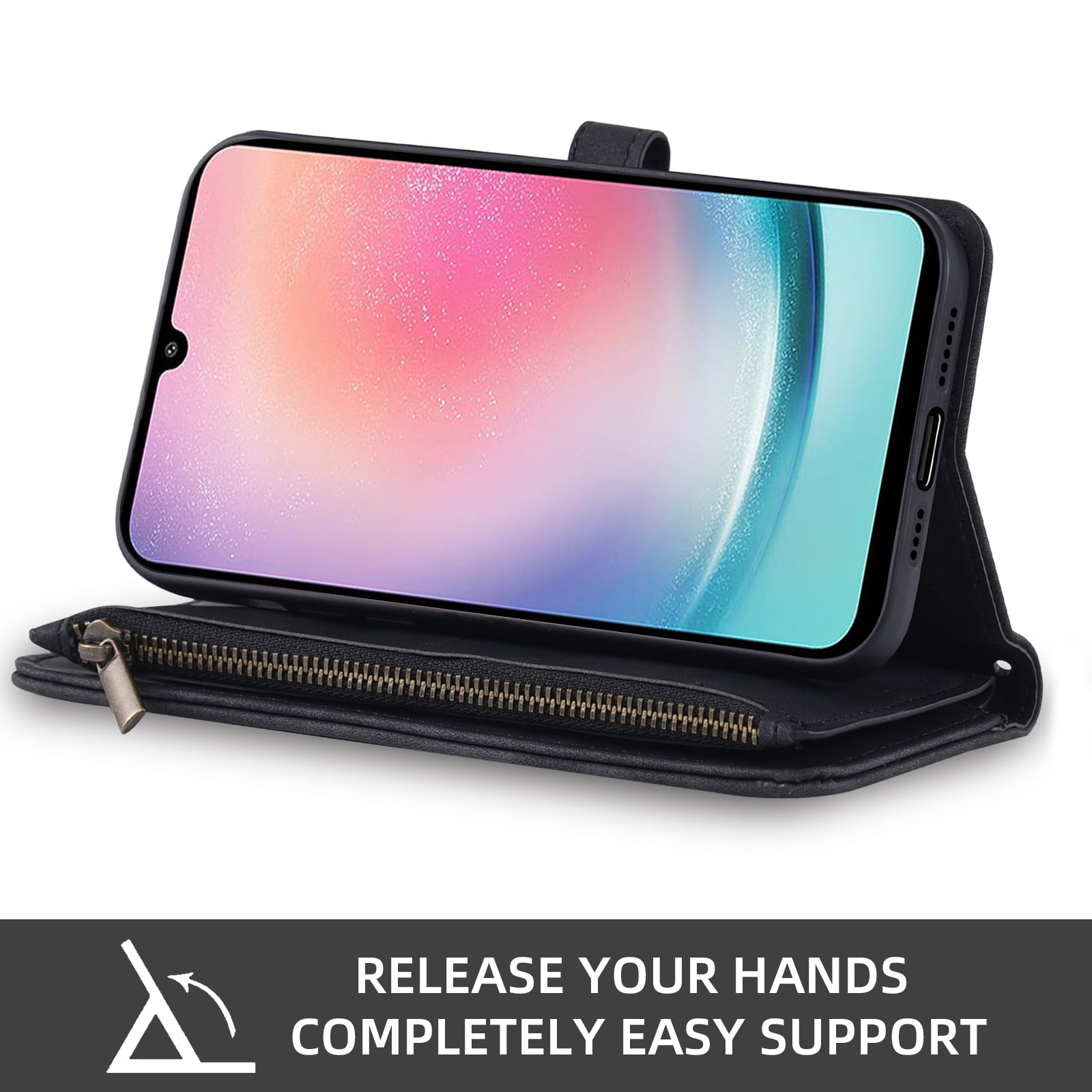Asuwish Phone Case for Samsung Galaxy A25 5G Wallet Cover With Tempered Glass Screen Protector Crossbody Wrist Strap Flip Pattern Zipper Credit Card Holder Stand Cell A 25 25A SM-A256U Women Black