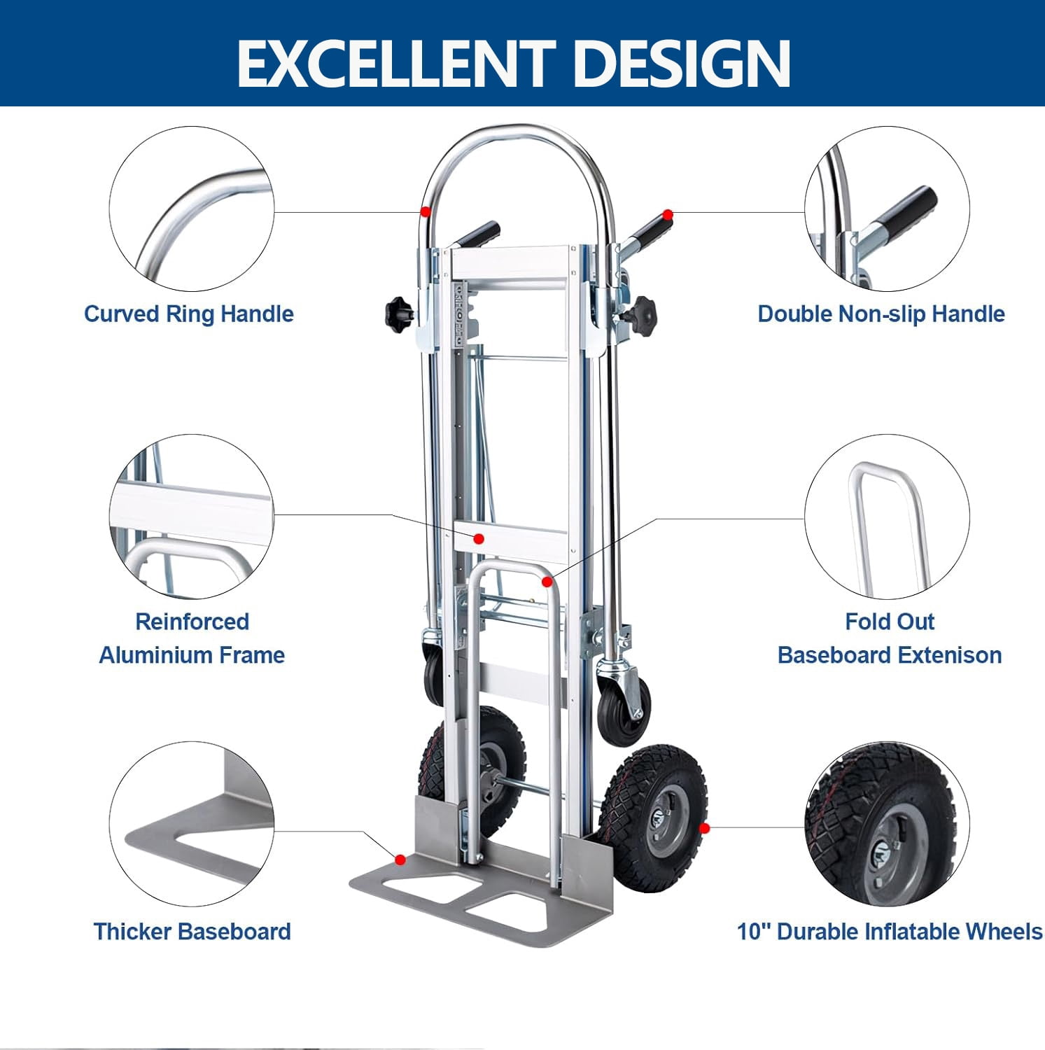 Yonopro 4 in 1 Convertible Hand Truck, Heavy Duty Aluminum Hand Truck 1000 LBS Load Capacity， Durable Hand Truck Dolly with Nose Plate and 4 Wheels