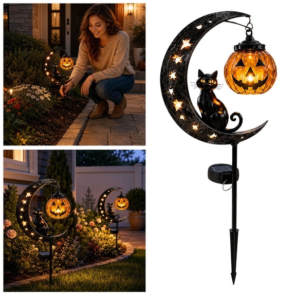 Halloween Black Cat Moon Solar Garden Stake Light Pumpkin Lantern Warm LED Ground Spike Weatherproof For Backyard Lawn Pathway Fall Seasonal Outdoor Yard Decor Supplies