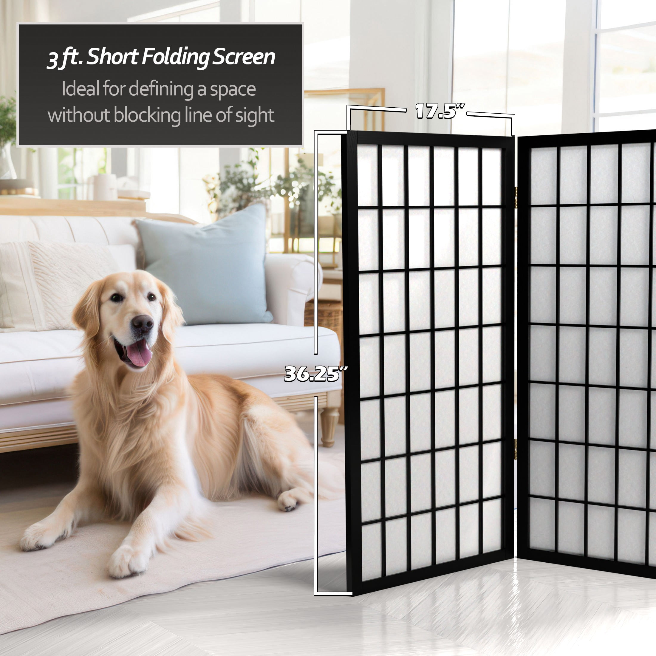 3 ft. Tall Classic Japanese Window Pane Lattice Privacy Screen - Black - 5 Panels