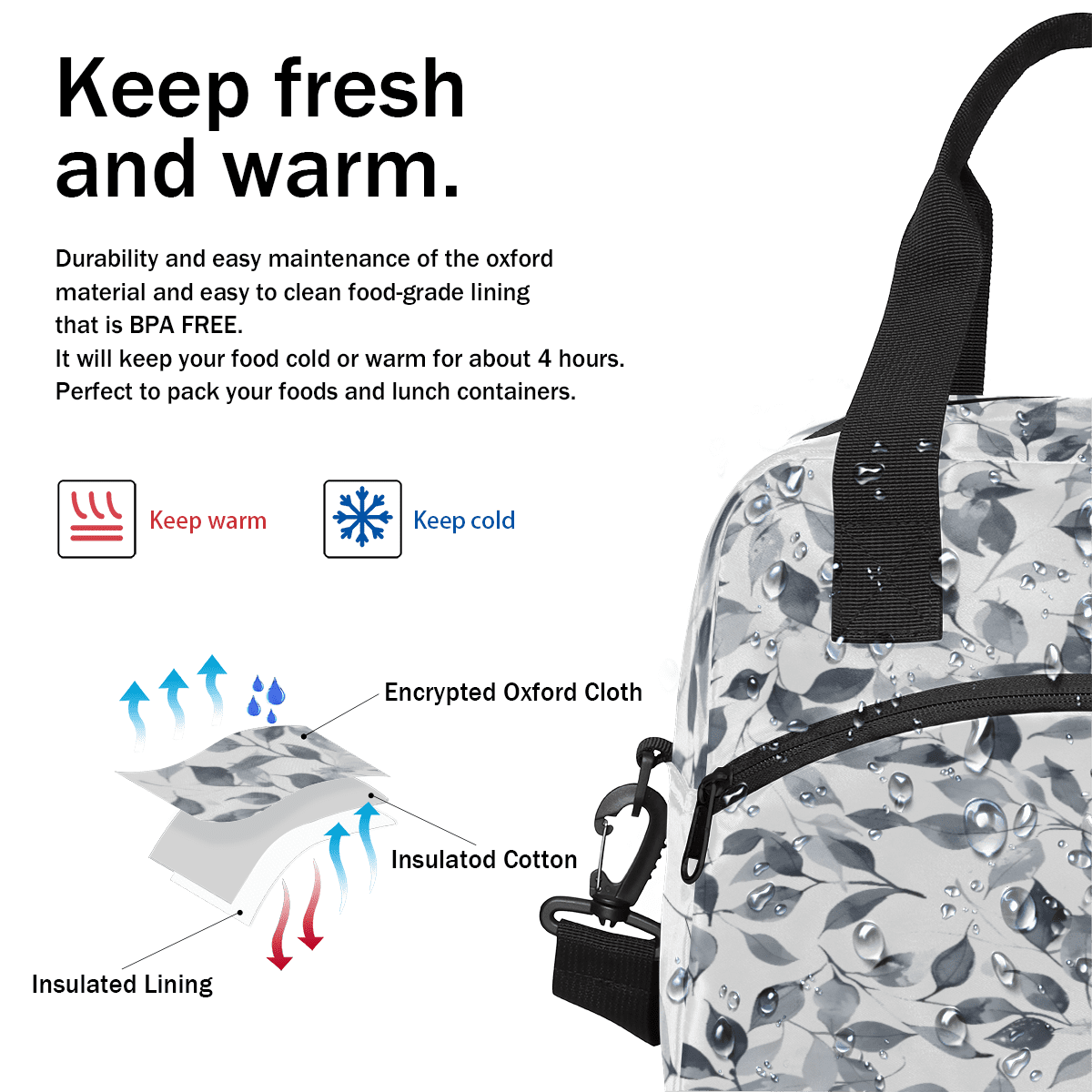 Herdesigns Gray and White Insulated Lunch Bag for Women Men Adults Large Reusable Lunch Box Leaves Leakproof Cooler Tote Bags with Adjustable Shoulder Strap