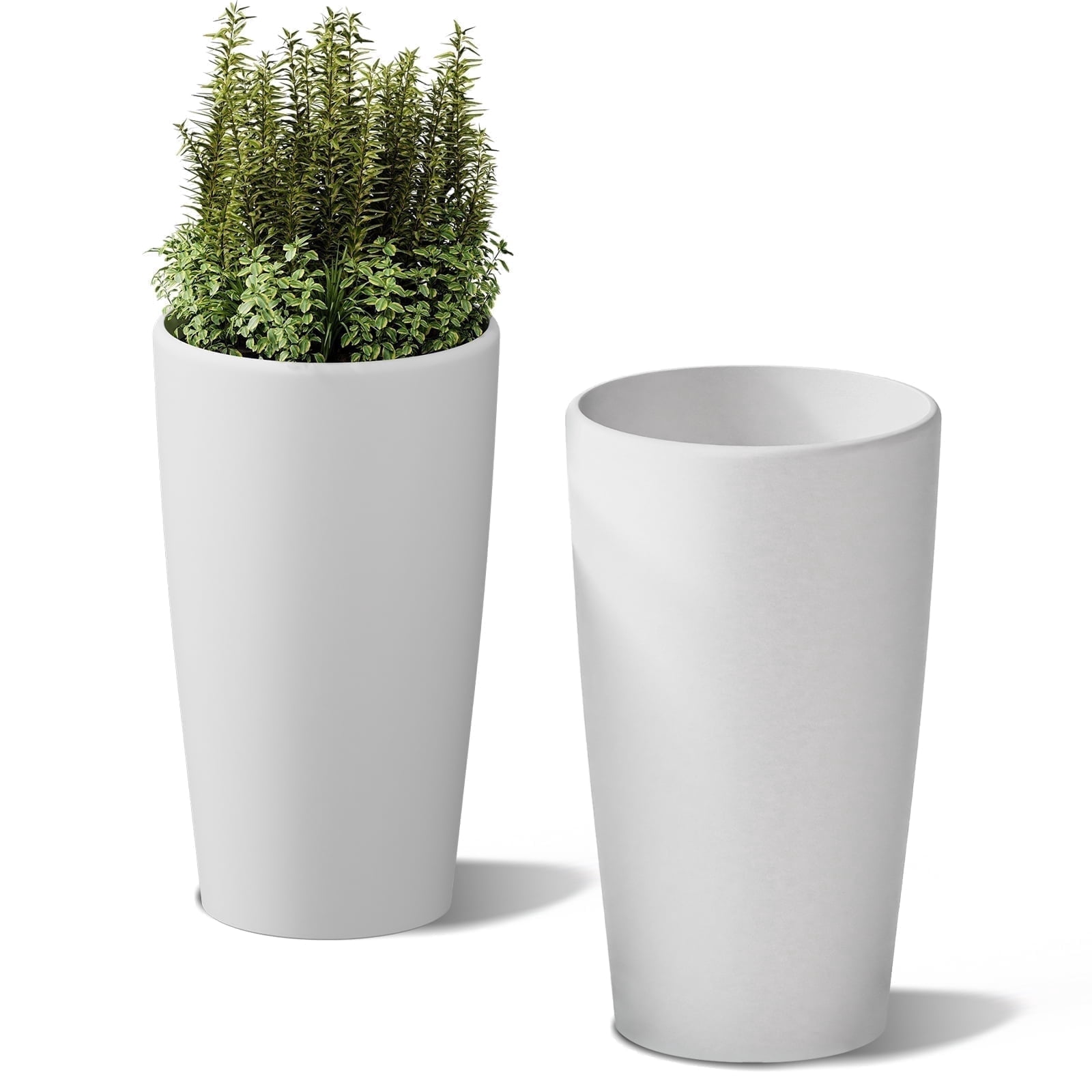 SnugNiture Set of 2 Round 22-Inch Tall Planters, White – Large Indoor/Outdoor Pots with Drainage, Matte Frosted Finish