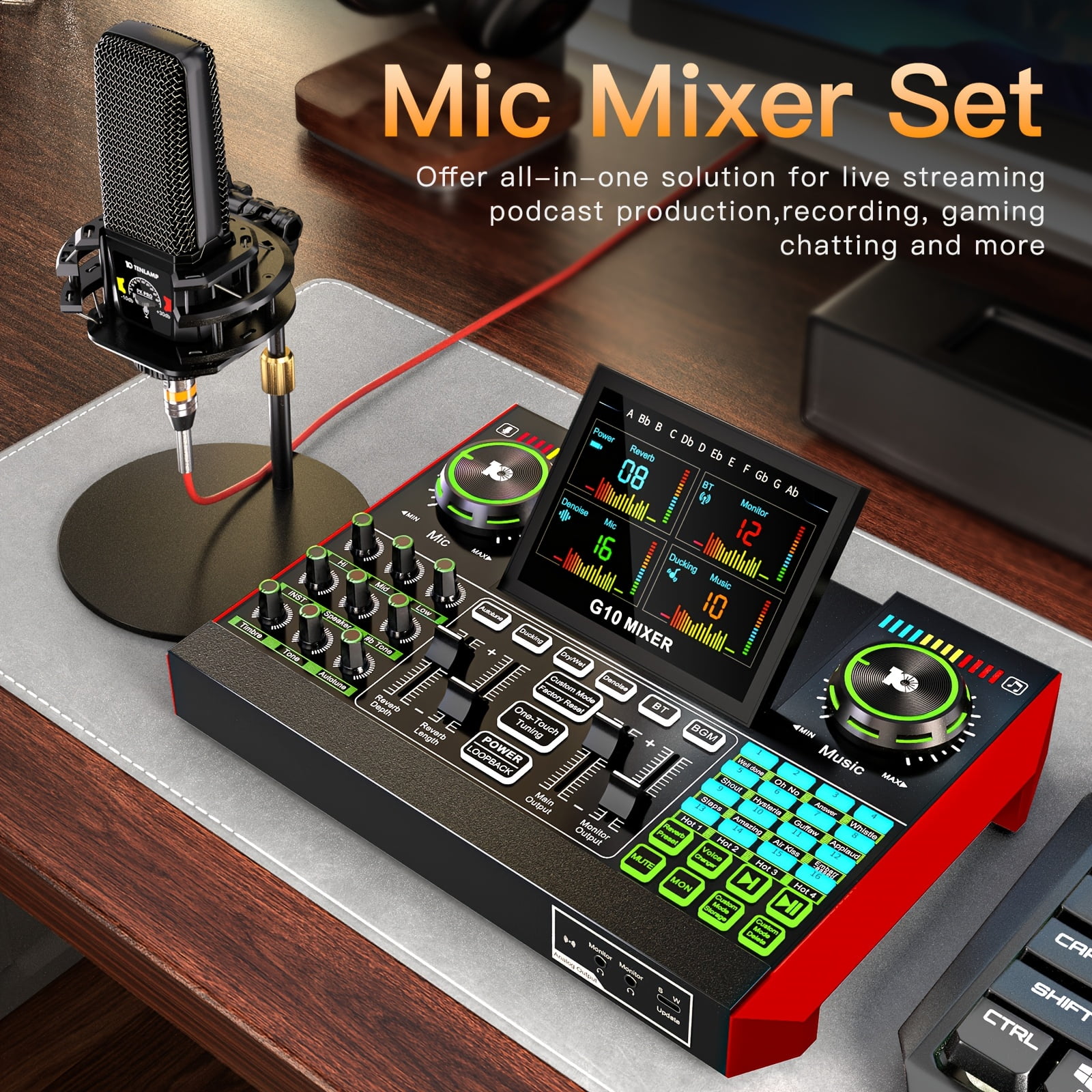 Tenlamp Podcast & Gaming Audio Mixer with Condenser Microphone, Voice Changer & Reverb Modes