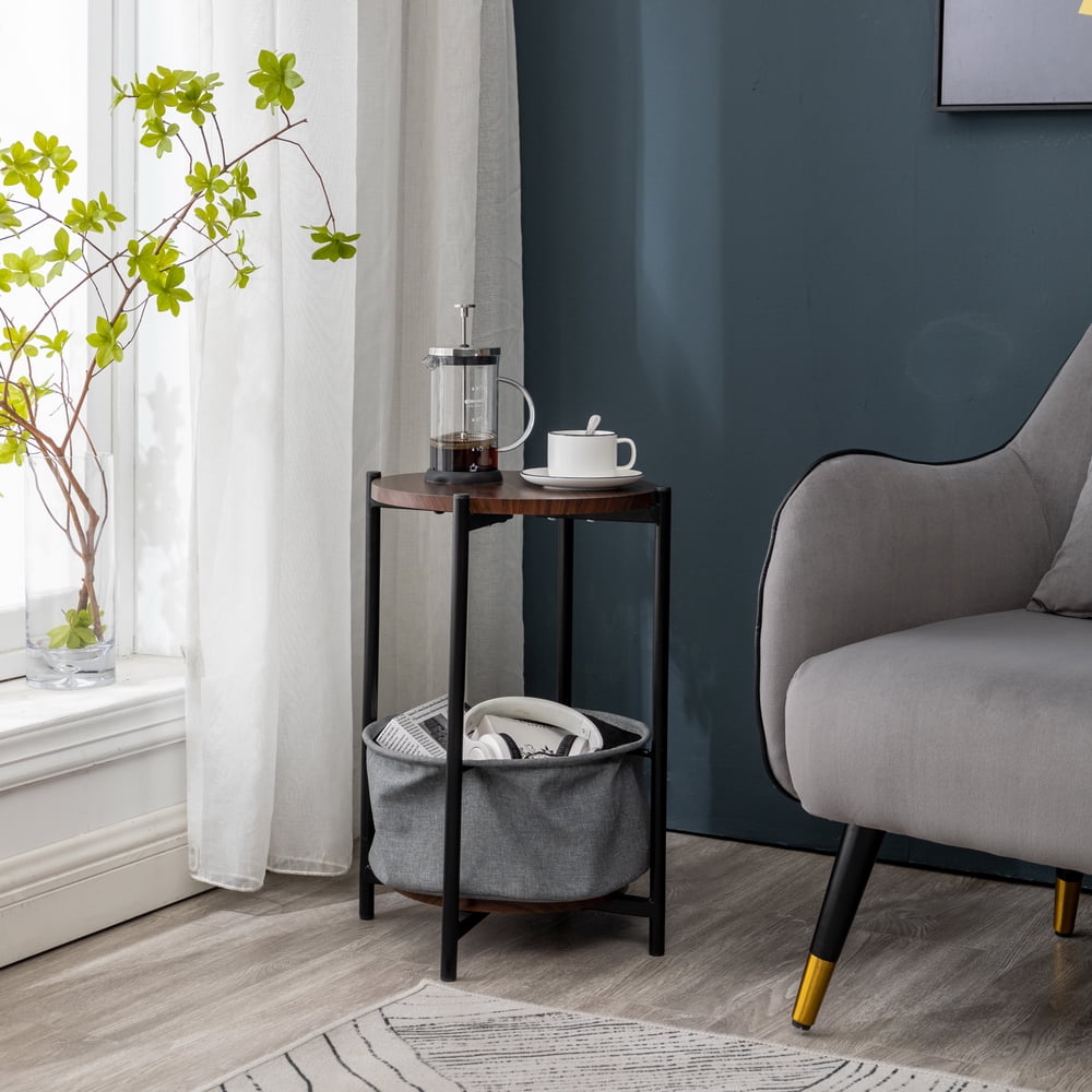 Private Jungle Double-layer Round Tea Table with Detachable Tray Top and Fabric Storage Basket, Gray Private Jungle Double-layer Round Tea Table with Detachable Tray Top and Fabric Storage Basket, Gray
