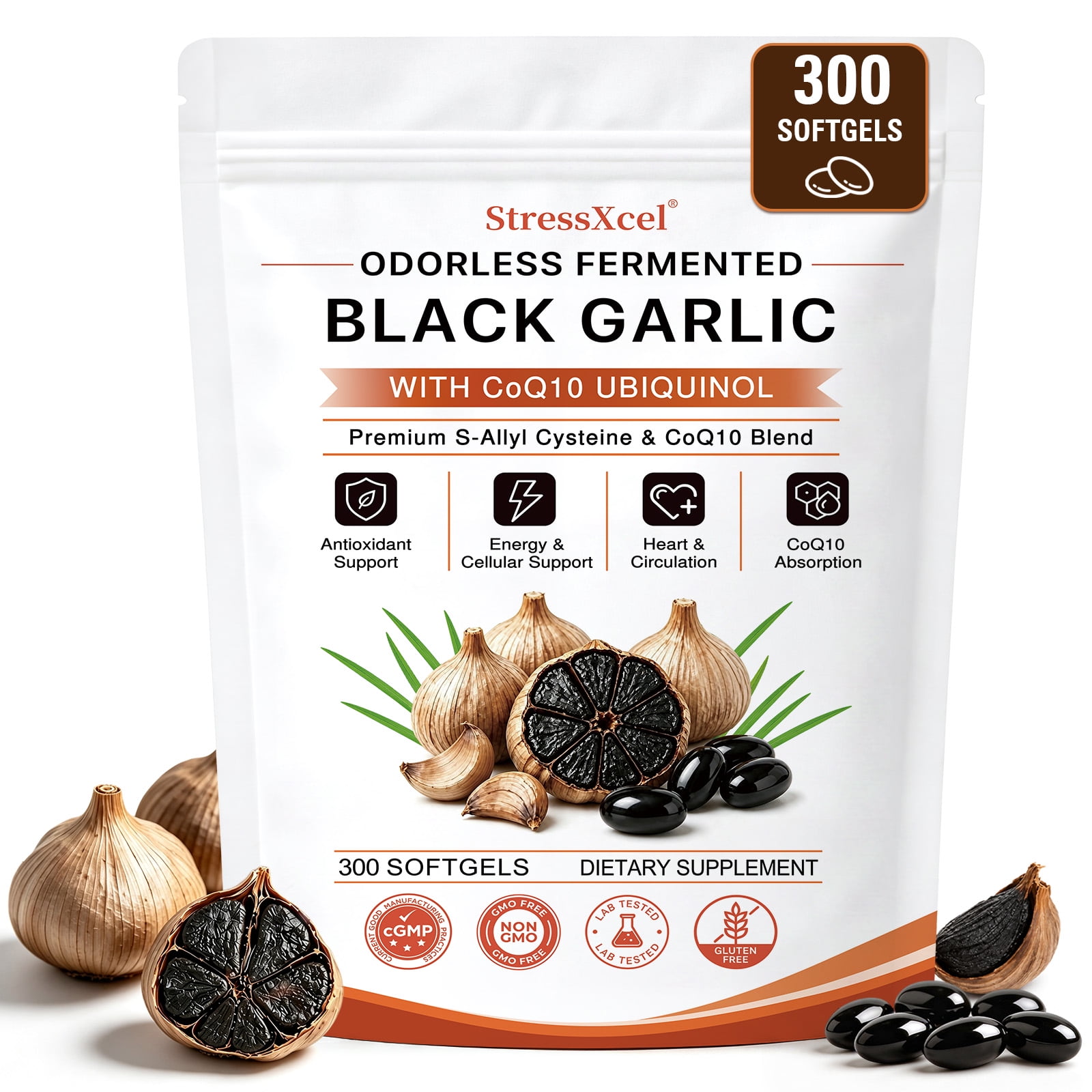 StressXcel Odorless Fermented Black Garlic Supplement with CoQ10 Ubiquinol & Vitamin K2 MK‑7, Antioxidant & Heart Health Support, 300 Softgels, 150 Servings