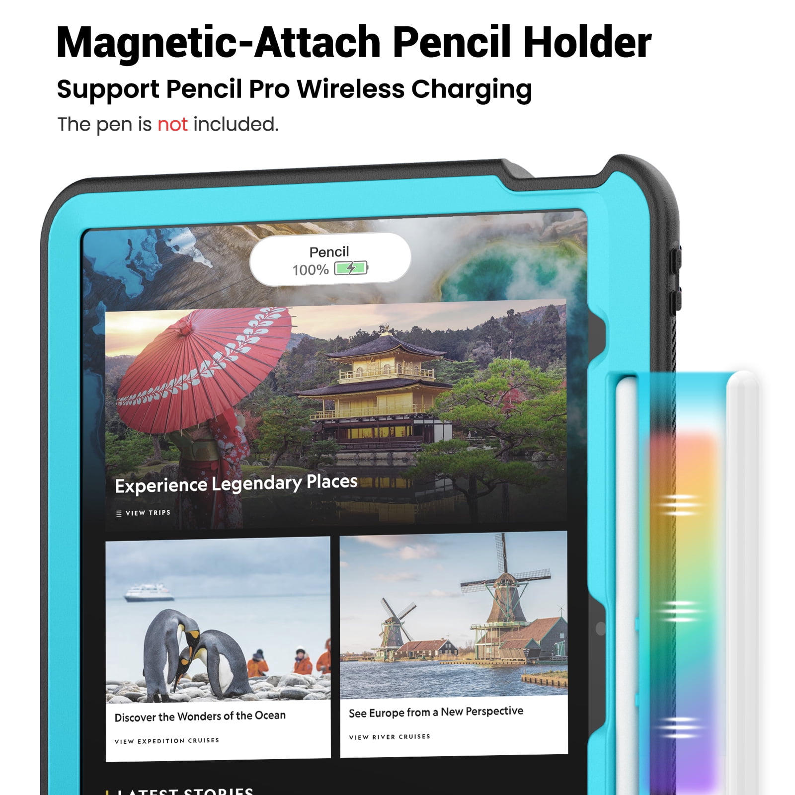 Shockproof Case for Apple iPad Air 13 Inch 2024 M2, Rugged Hybrid Protective Cover with Pencil Holder & Shoulder Strap Kids Friendly Rotating Kickstand Case for iPad Air 13" 2024, Lightblue
