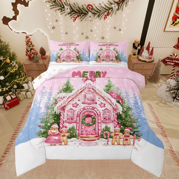 Castle Fairy Gingerbread Man 2pcs Bedding Comforter Set for Teens,Festival Xmas Twin Comforter Sets,Christmas Tree Breathable Bedding Set,Microfiber Bedroom Decor