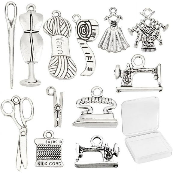 1 Box 1 Box 72Pcs 12 Styles Tibetan Style Sewing Theme Charms Clip Needle Sweater Scissors Alloy Pendants Jewellery Dangles for DIY Earring Necklace Bracelet Jewellery Making Keychain Decor