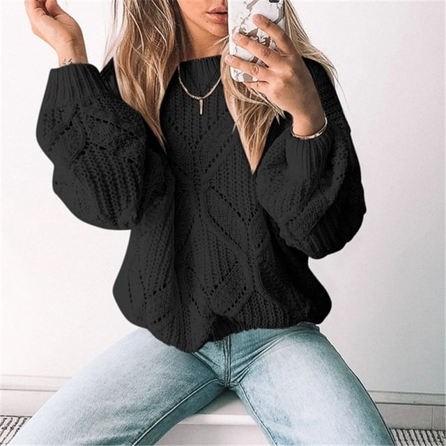 EGNMCR Chandail à Col Rond pour Femmes, Chandail pour Femmes Manches Creuses en Plumes Mode Blouse Chandail pour Femmes