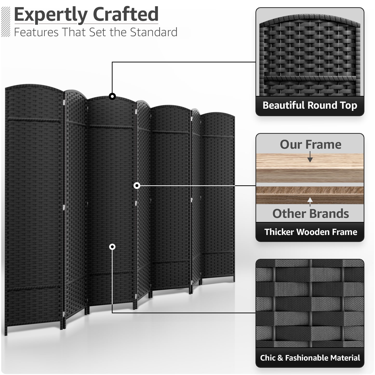 Sorbus 7-Panel Wide Folding Room Divider Privacy Screen, Hand-Woven Black Mesh