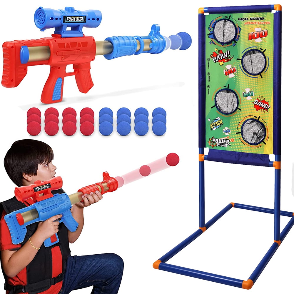 2 Launch Modes Toy Guns Set for Kids Shooting Game Toy for 6 7 8 9 10 Years Olds Boys and Girls，2 pk Soft Foam Ball Popper Air Toy Guns with Standing Shooting Target 24 Foam Balls 