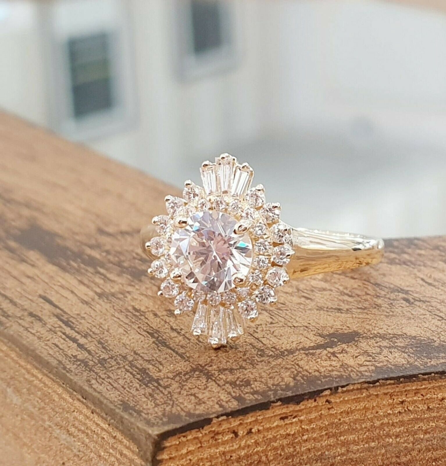 HeartsAndYou 4ct Round Cut Moissanite Ballerina Halo Engagement Ring for Women Women 18k Yellow Gold over Silver