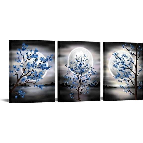 Hieng 3 Piece Moon Canvas Wall Art Tree with Full Moon Landscape Painting Prints Blue and Grey Bedroom Bathroom Decor Unframed