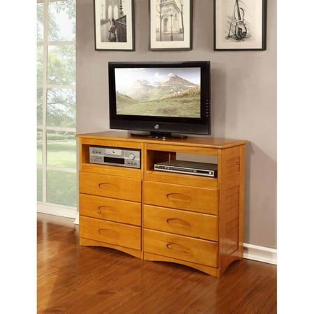Pine Blanket Chest American Furniture Classics Model 2171, Solid Pine Entertainment Dresser with Six Drawers and Two Component Areas in Honey ()