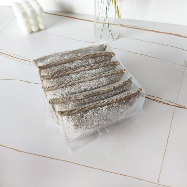Xiao Hua Esponja de fibra de bambú de 6 piezas para limpieza de cocina, estropajo marrón absorbente y no graso para lavar platos, cepillar, olla, paño de limpieza de doble cara 13 * 9 cm