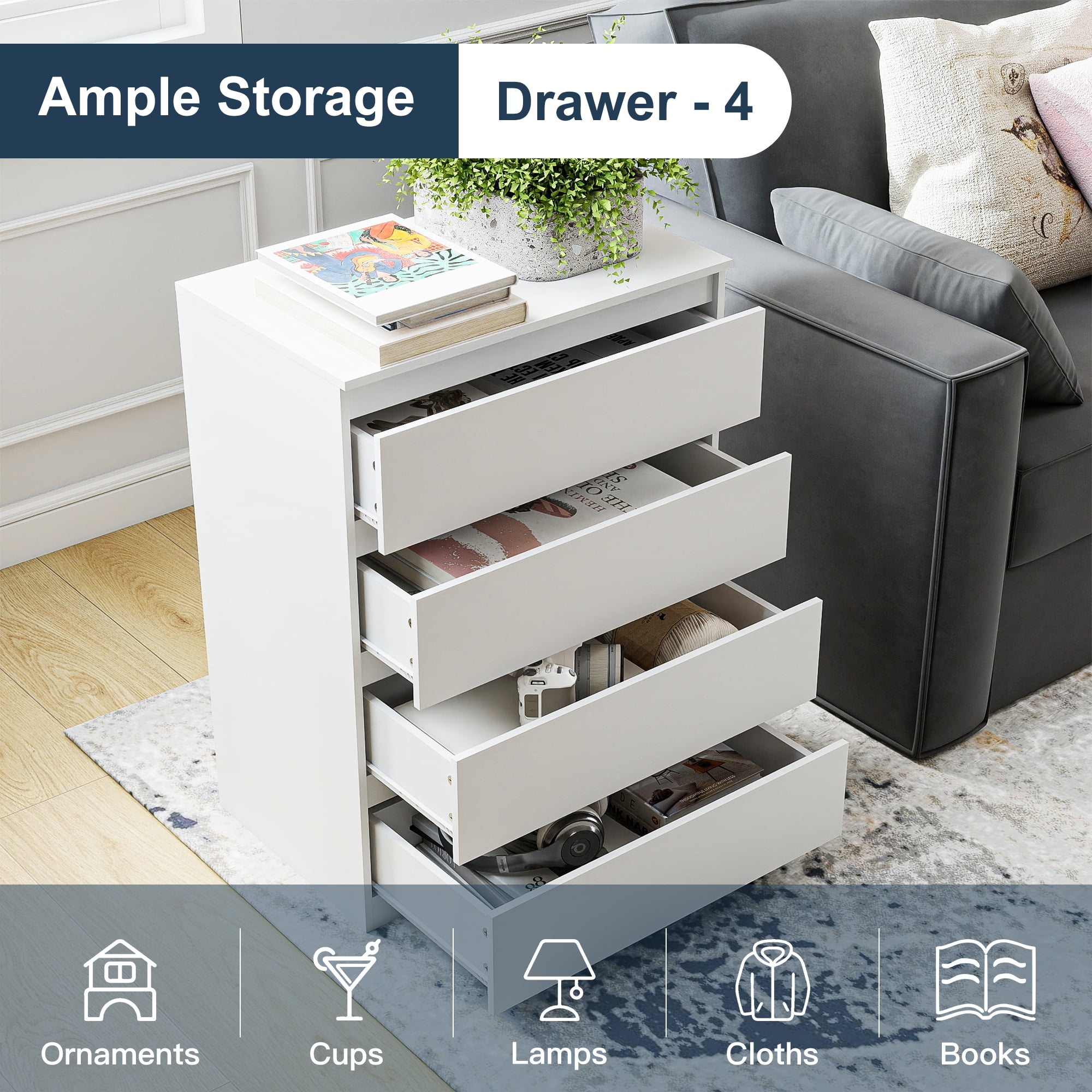 GVN Bedroom Dresser, Chest of Drawers, Modern Simple 4-Drawer Dresser for Bedroom, Living Room, White