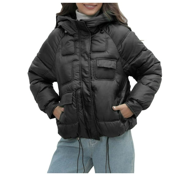 Lixiuxyad Puffer Jacket New Down Padded Jacket Women's Winter Padded Jacket Bright Pocket Padded Jacket Black