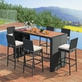 thumbnail image 3 of Patiojoy 7-Piece Patio Bar Dining Set PE Rattan Furniture Set with Acacia Wood Tabletop & Soft Cushions, 3 of 9