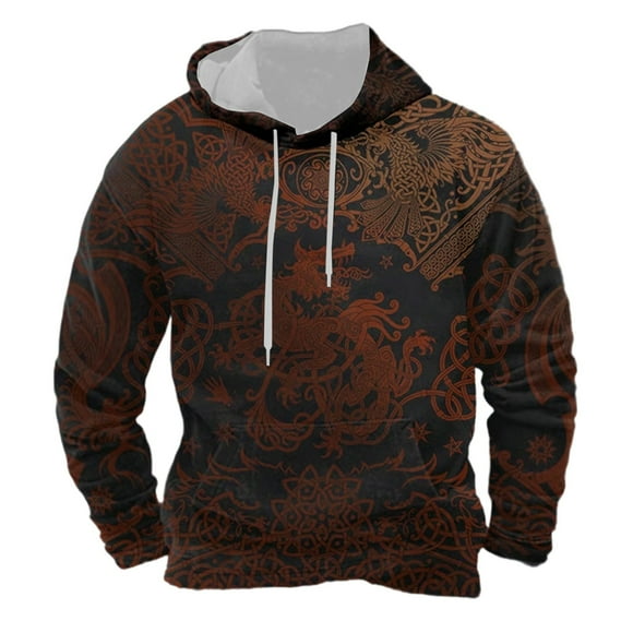 LUOGENLI Zipper Hoodies for Men Green European Norse Mythology Hooded Retro Casual Printed Hooded Sweatshirt Mens Hoodies Blanket Red Size M