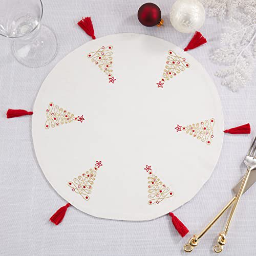 Fennco Styles Embroidered Christmas Trees Tassel Placemats 14" Round, Set of 4 - Red & White Festive Table Mats for Christmas, Winter Holidays, Home Décor, Banquet, Family Gathering, Special Occasion