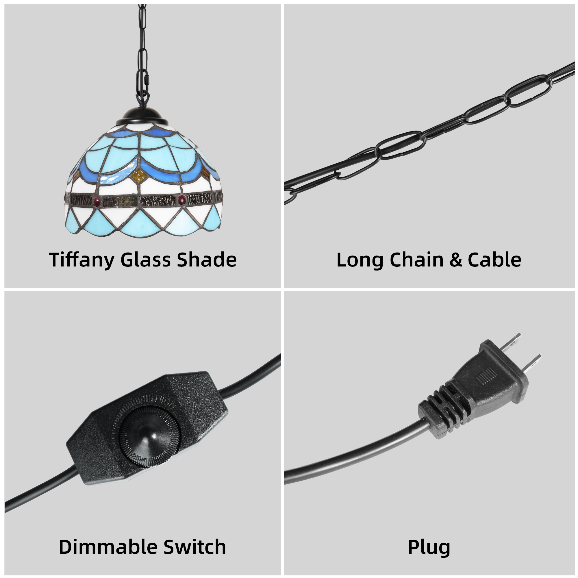 Hlite Tiffany Plug in Pendant Light with Cord,Mini Blue Stained Glass Shade(8.1in),Dimmable Swag Hanging Ceiling Light Fixtures for Loft Staircase,Bulb Not Included