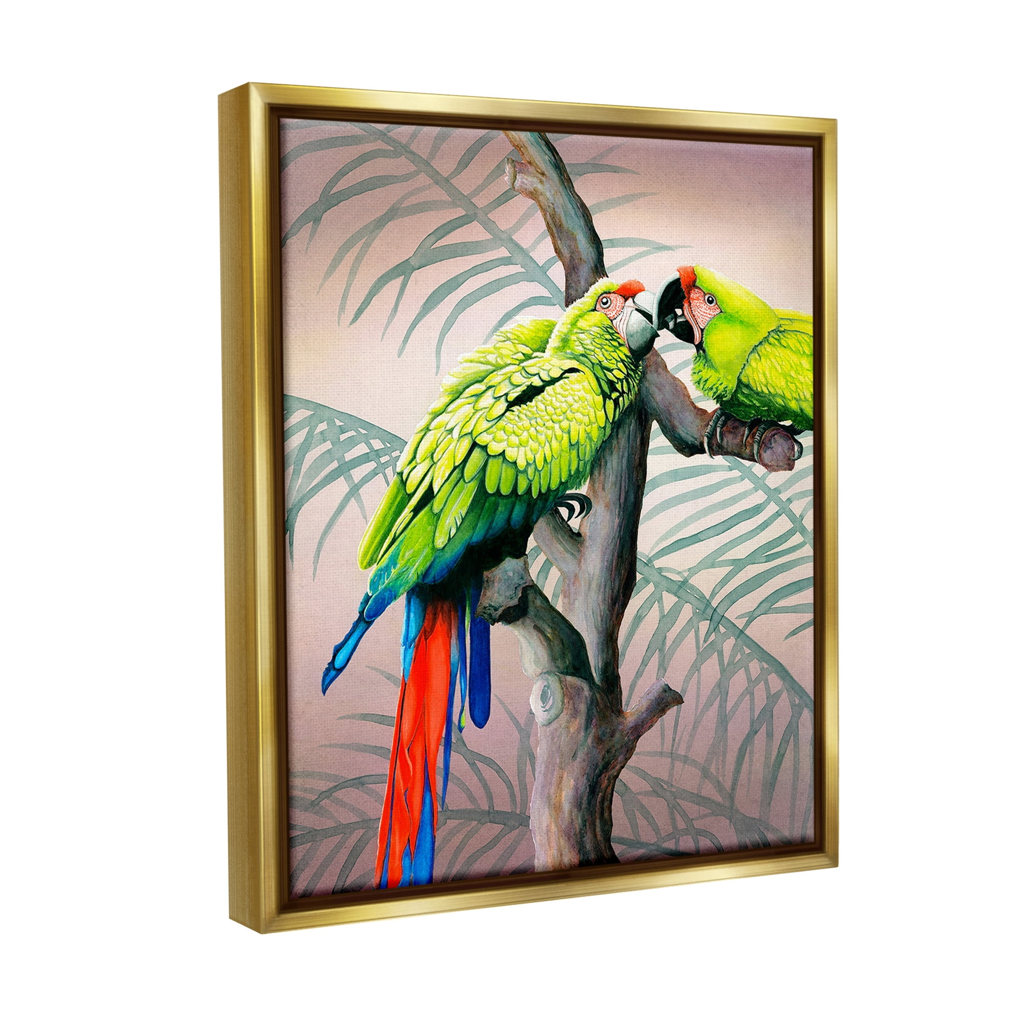 Stupell Industries Parrots Playing on Branch Animals & Insects Painting Gold Floater Framed Canvas Art Print Wall Art, 25 x 31
