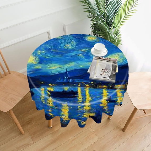RKSupls 60 Inch Round Tablecloth, Starry Night River Premium Polyester Straight Edge Wrinkle Resistant Washable Table Cover for Party Home Dining Decor