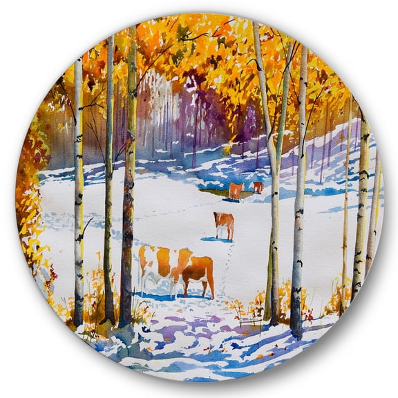 Designart 'Cattles In The Early Snow In The Tree Forest' Farmhouse Circle Metal Wall Art 36x36 - Disc of 36